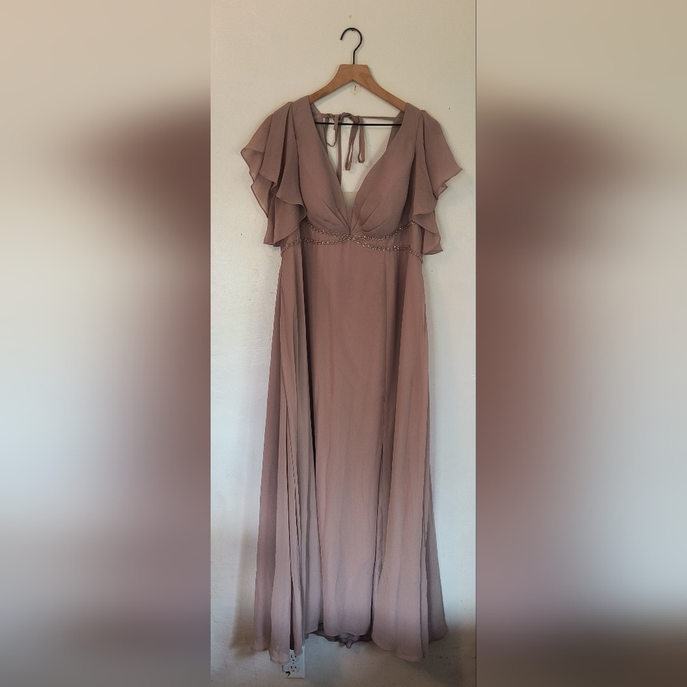 NWOT Azazie Taupe Beige Boho Flutter Sleeve Chiffon Maxi Dress Sz A16 Women